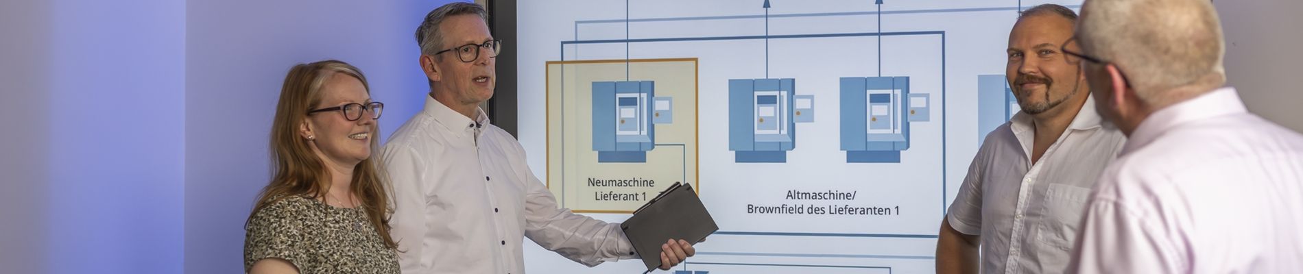 Vier Personen diskutieren über ein Flussdiagramm auf einem großen Bildschirm, das die Datenerfassung und Maschinenkomponenten zeigt.